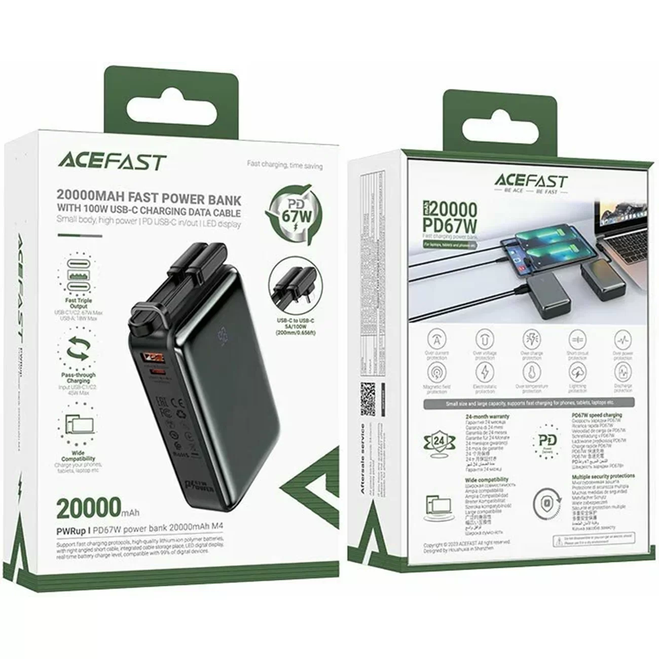 Портативный аккумулятор ACEFAST M4, 20000 мА·ч, 2×USB-C + USB-A, быстрая зарядка, чёрный