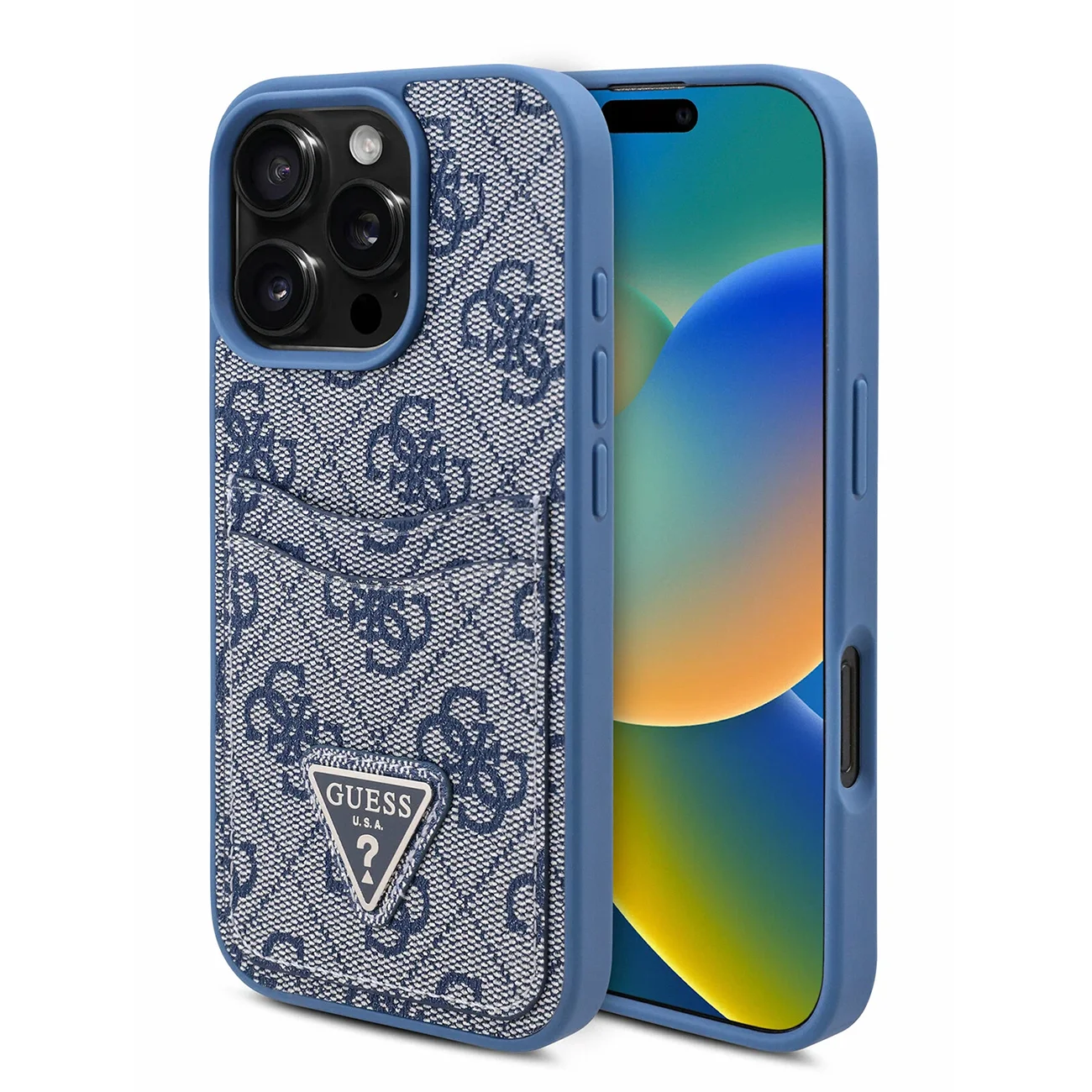 Чехол Guess PU 4G Double Cardslot Triangle Metal Logo Hard Blue для iPhone 16 Pro Max