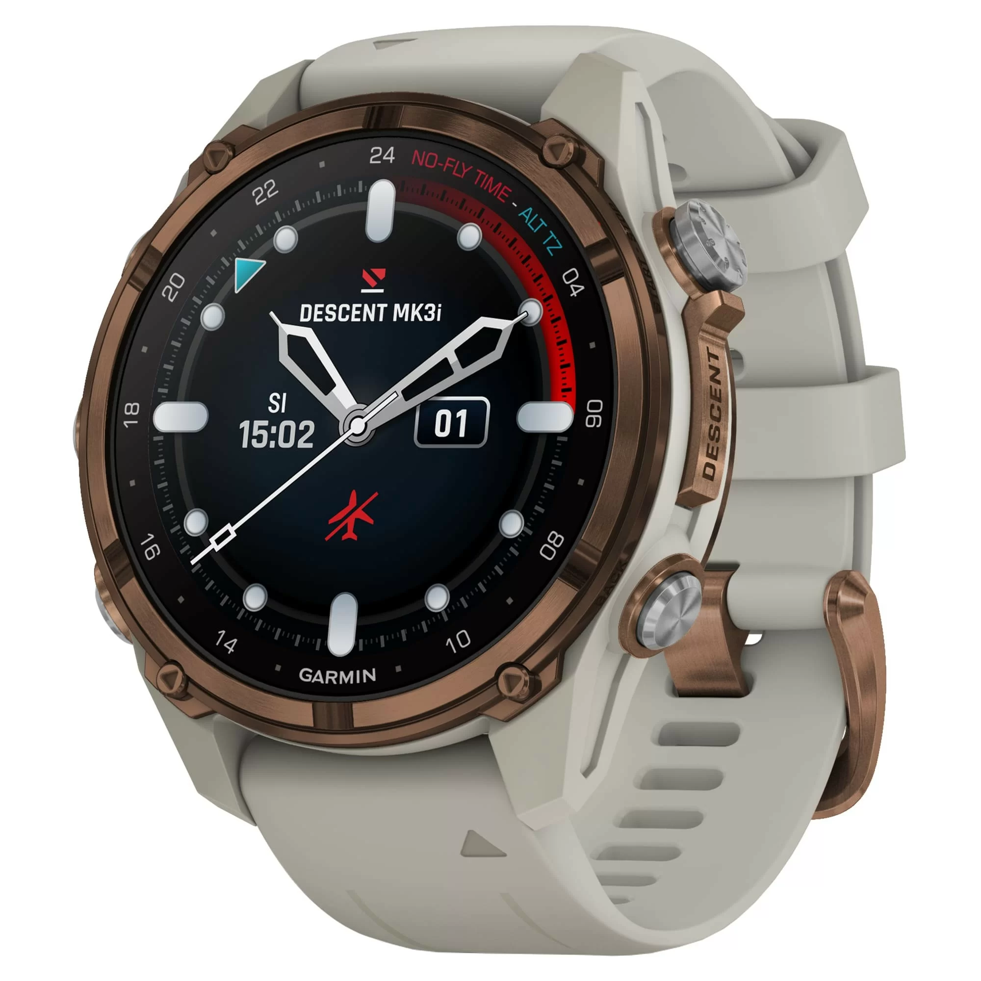 Дайвинг-компьютер Garmin Descent Mk3i, 43 мм (Bronze PVD Titanium / титановый корпус с бронзовым покрытием, French Gray Silicone Band / силиконовый ремешок серо-бежевый)