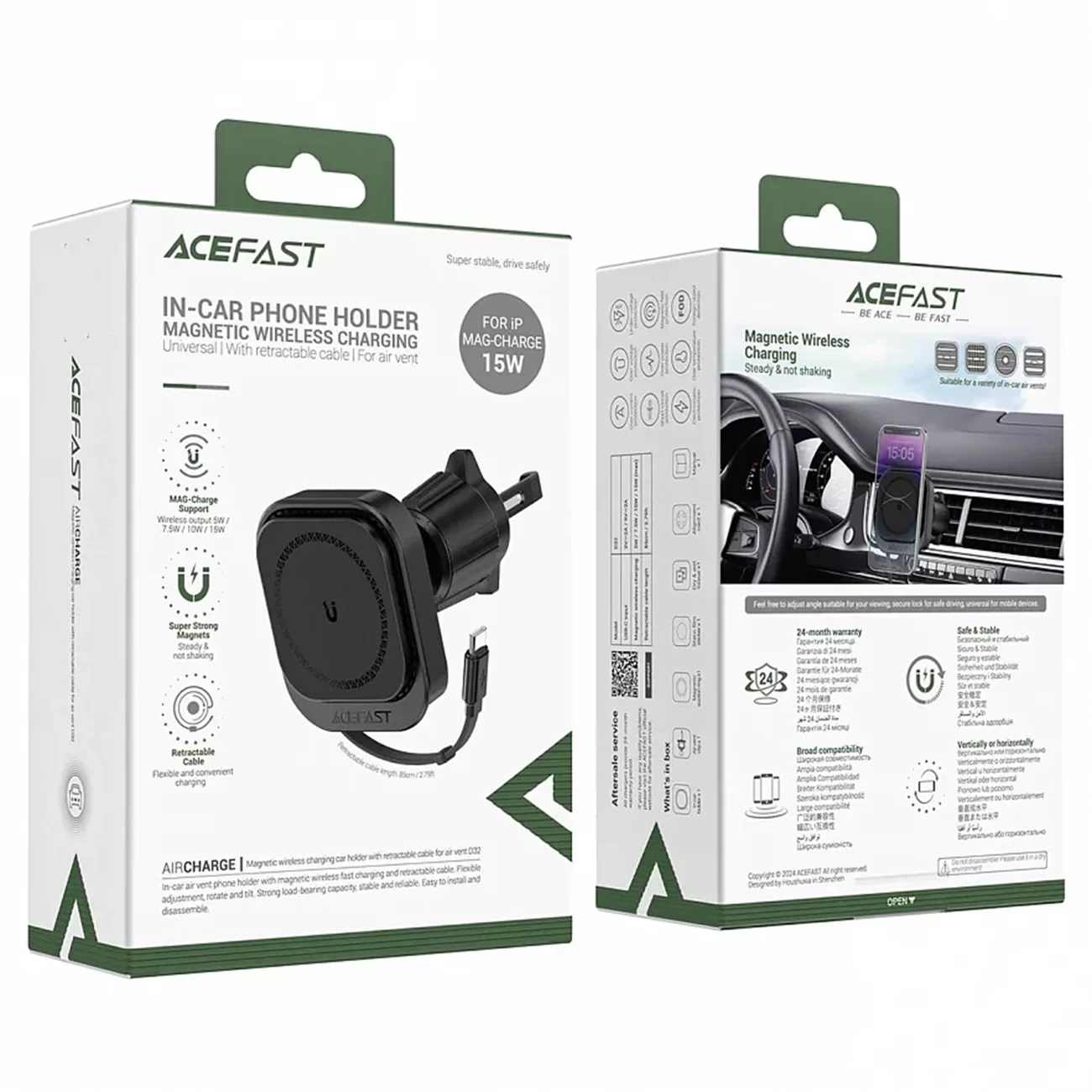 Автомобильный держатель ACEFAST D32 с беспроводной зарядкой 15 Вт и выдвижным кабелем USB-C, чёрный